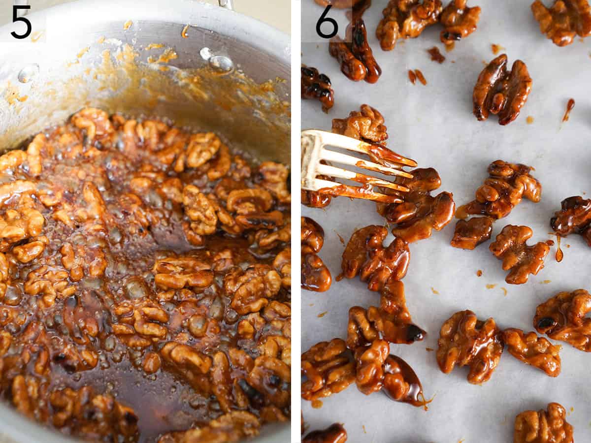 Two photos showing candied walnuts getting separated on a sheet of parchment paper.