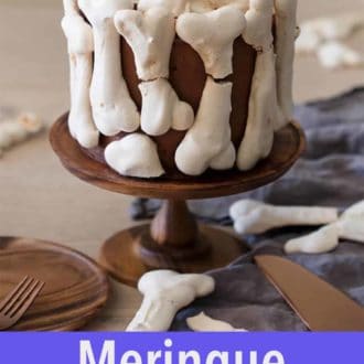 Pinterest graphic of a meringue bones cake.