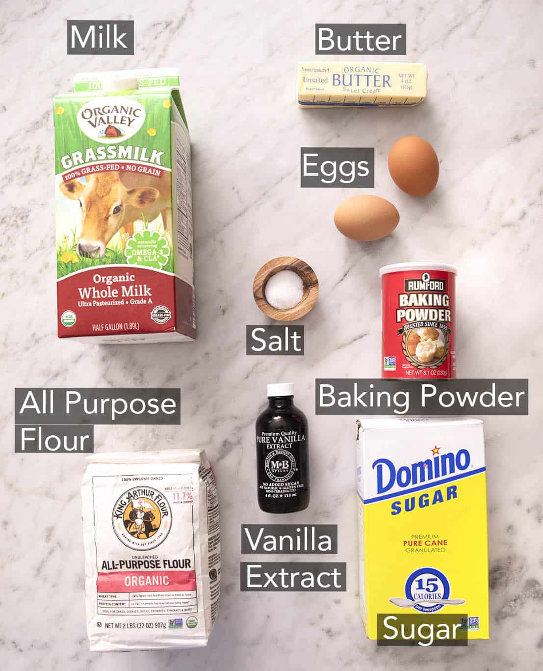 An overhead shot of all the ingredients you need to make waffles.