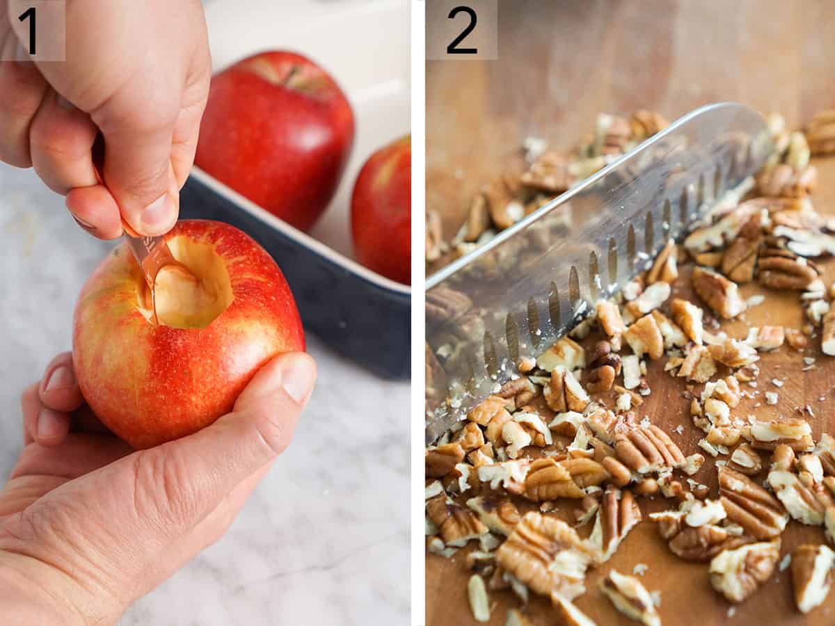 Set of two photos showing an apple cored and pecans chopped.
