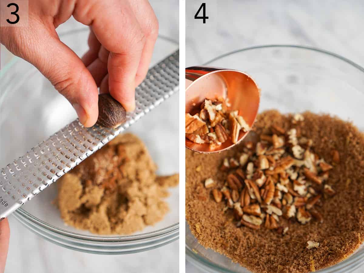 Set of two photos showing nutmeg grated into brown sugar and pecans added after.