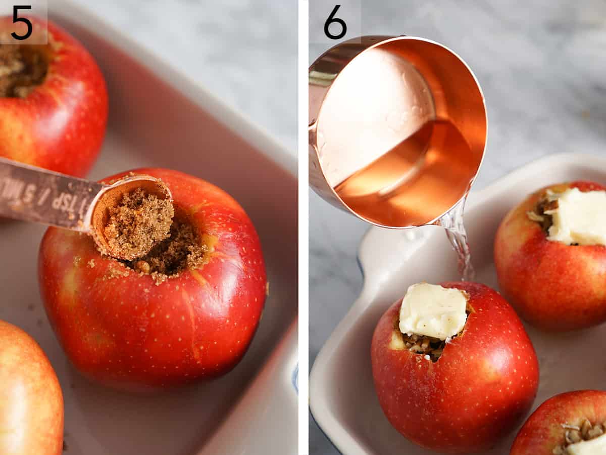 Set of two photos showing brown sugar spooned into the core of an apple and butter added on top then water added to the baking dish.