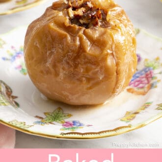 Pinterest graphic of a baked apple on a porcelain plate.