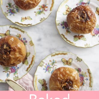Pinterest graphic of four baked apples on individual plates.