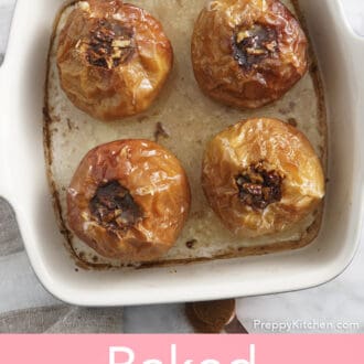 Pinterest graphic of an overhead view of four baked apples in a baking dish.