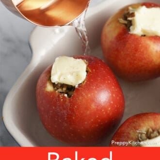 Pinterest graphic of water pouring in a baking dish with apples.