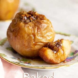 Pinterest graphic of a baked apple with an extra slice showing the filling on a porcelain plate.