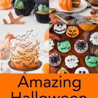 grid of four images with various halloween cakes and cupcakes
