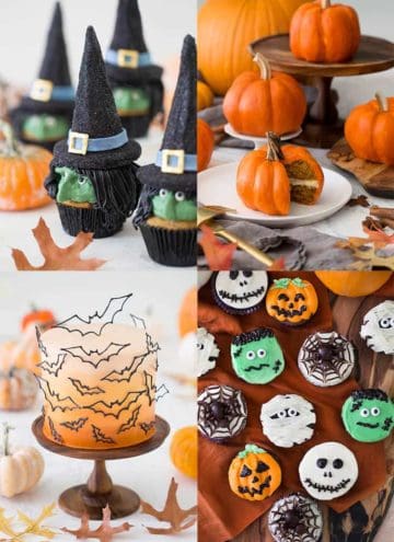 A collage of four photos of different Halloween treats.