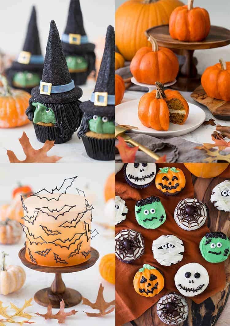 A collage of four photos of different Halloween treats.