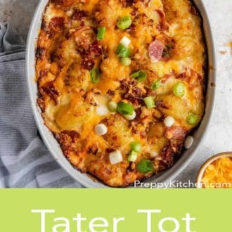 tater tot casserole in a white serving dish