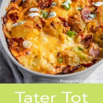 tater tot casserole in a white serving dish