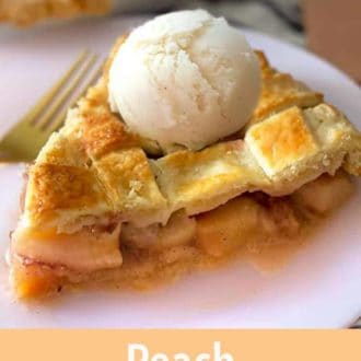 Pinterest graphic of a slice of peach pie with ice cream.