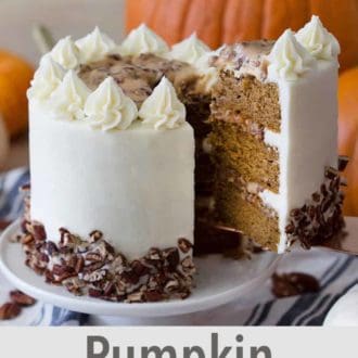 Pinterest graphic of a slice of pumpkin pecan cake lifted from the cake.