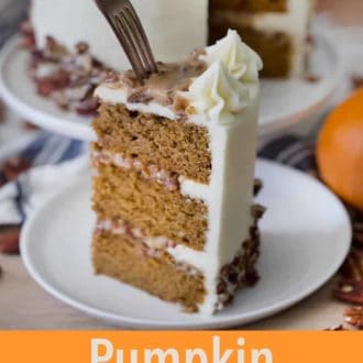 Pinterest graphic of a slice of pumpkin pecan cake with a fork pressed on top.