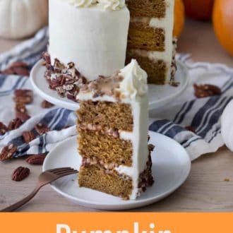 Pinterest graphic of a slice of pumpkin pecan cake on a plate.
