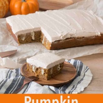 Pinterest graphic of a slice of pumpkin poke cake on a plate with the rest in the back.