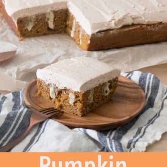 Pinterest graphic of a plate with a slice of pumpkin poke cake with a fork leaning on it.