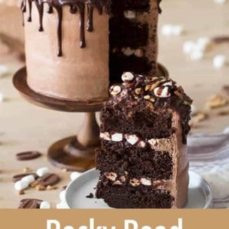 Pinterest graphic of a slice of rocky road cake on a plate with the rest of it in the background.