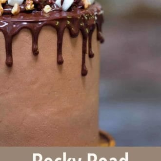Pinterest graphic of a close up view of rocky road cake.