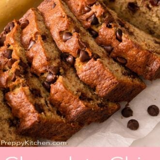 A pinterest graphic of a loaf of sliced chocolate chip banana bread.
