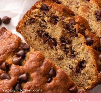 A pinterest graphic of close up of sliced chocolate chip banana bread.