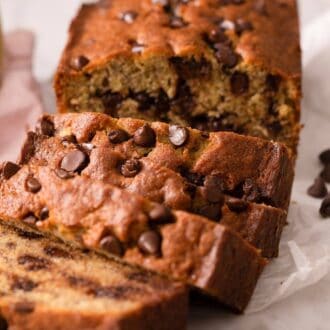 A pinterest graphic of loaf of chocolate chip banana bread sliced.