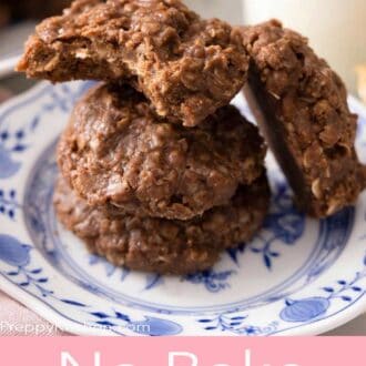 A pinterest graphic of a stack of no bake cookies on a plate with a bite taken out of one.