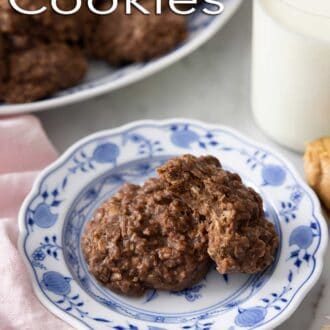 A pinterest graphic of no bake cookies on a plate with one with a bite taken out.