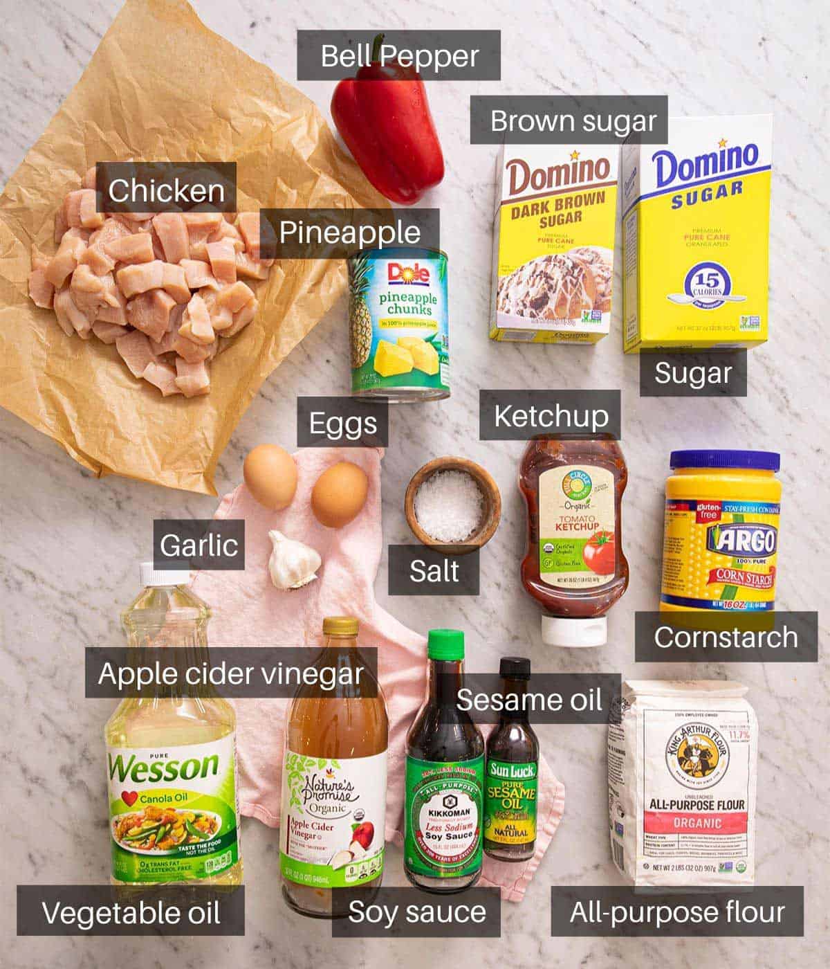 An overhead shot of all the ingredients you need to make sweet and sour chicken