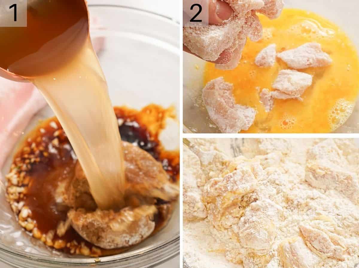 A collage of photos showing how to prepare a sauce and dredge chicken pieces in flour and egg