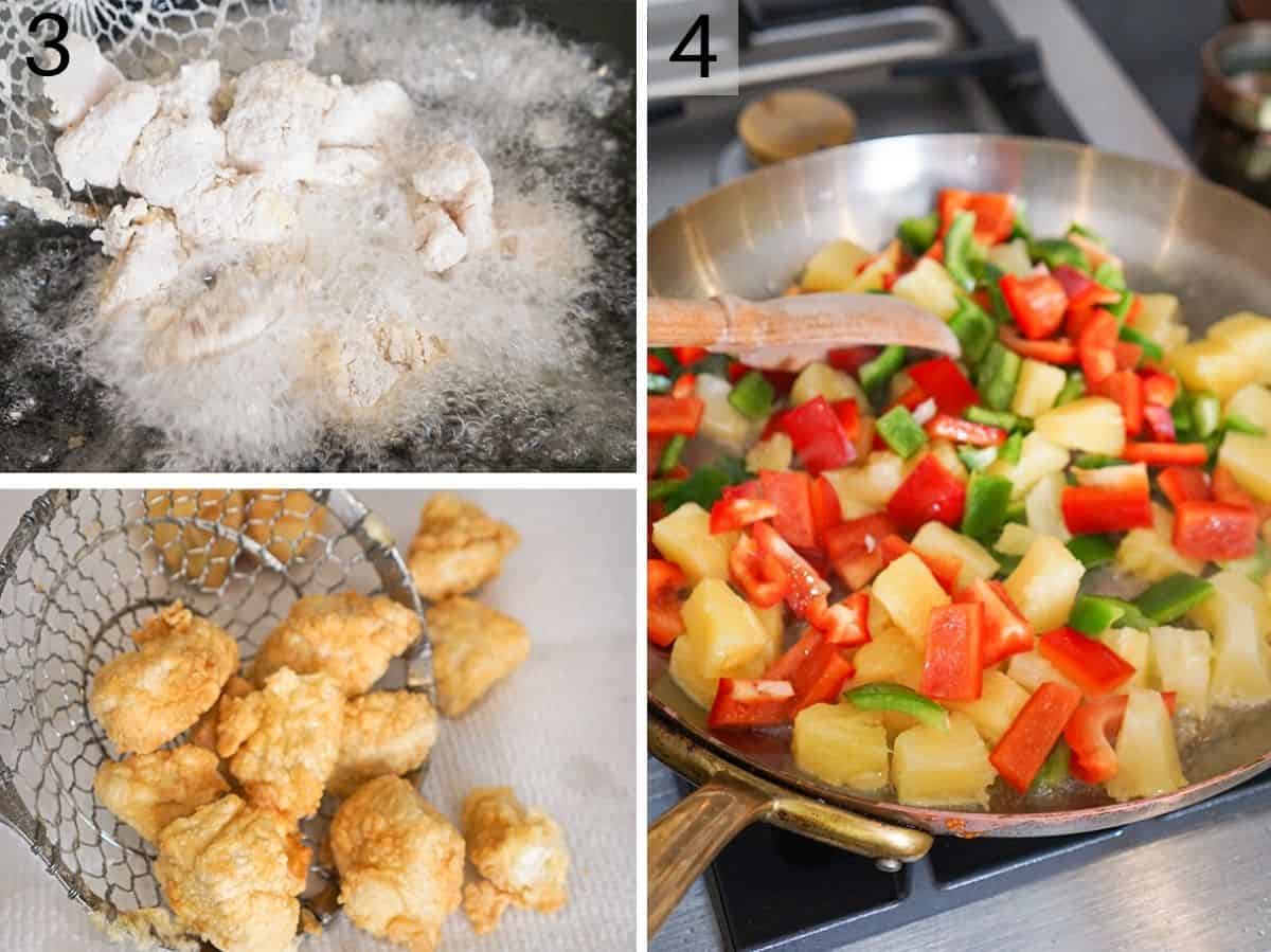 A collage of photos showing how to fry chicken and stir fry vegetables
