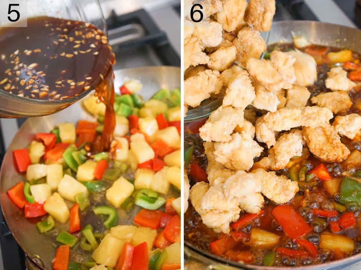 Two photos showing how to finish making sweet and sour chicken