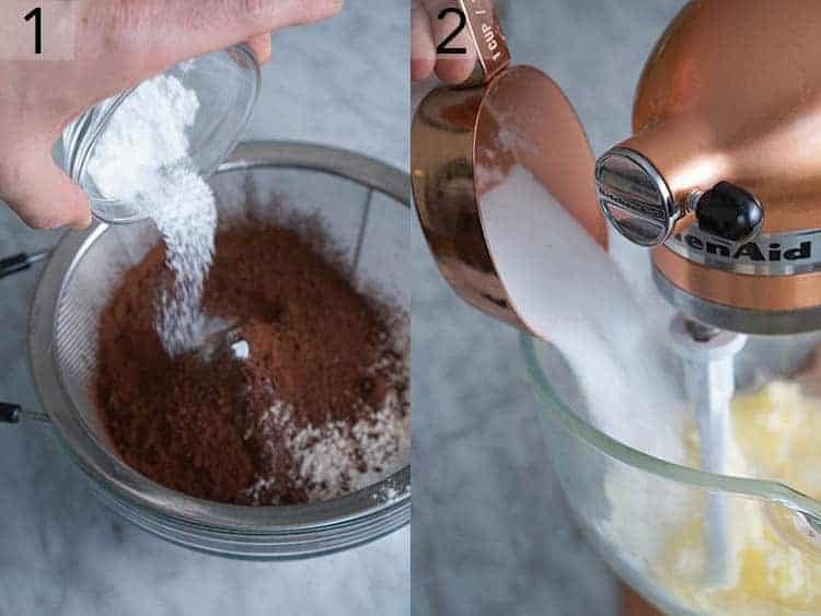 Dry ingredients for whoopie pies getting sifted into a bowl.