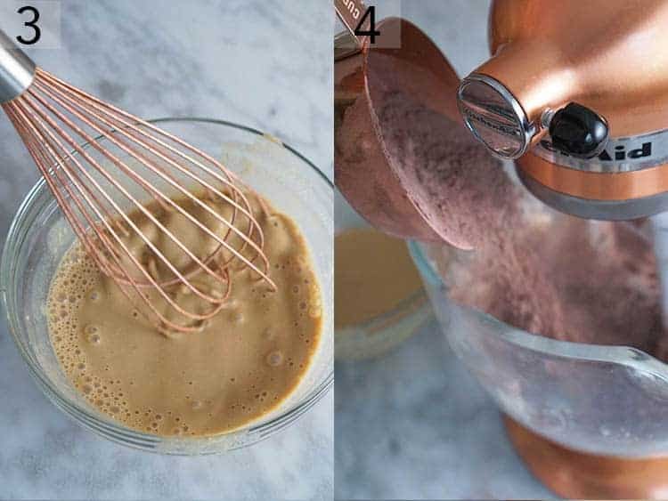 Wet ingredients for whoopie pies getting whisked in a glass bowl.