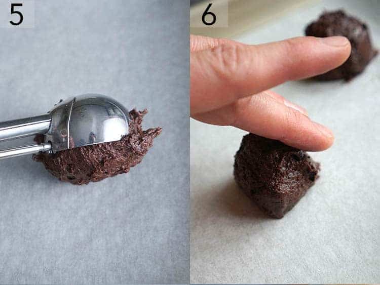 Whoopie pie batter being spooned onto a baking sheet and smoothed with wet fingers.