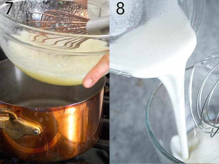 Swiss meringue being made on a double boiler.