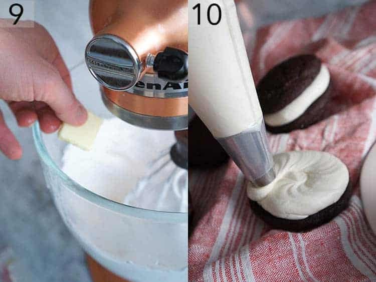 Whoopie pie filling getting piped.