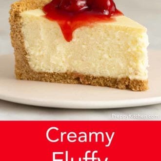 Pinterest graphic of a slice of cheesecake with a spoonful of berry sauce on top.