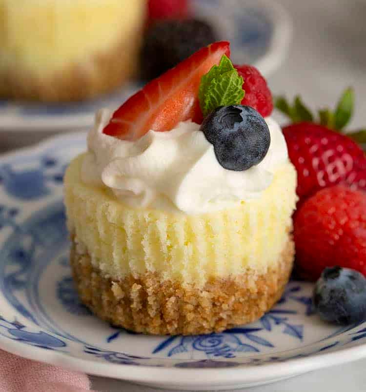 A mini cheesecake on a blue and white plate with berries.