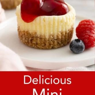 Pinterest graphic of a mini cheesecake on a plate with berries.