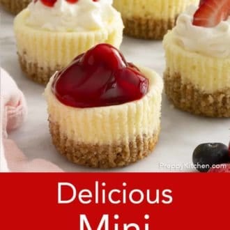 Pinterest graphic of mini cheesecakes on a counter.
