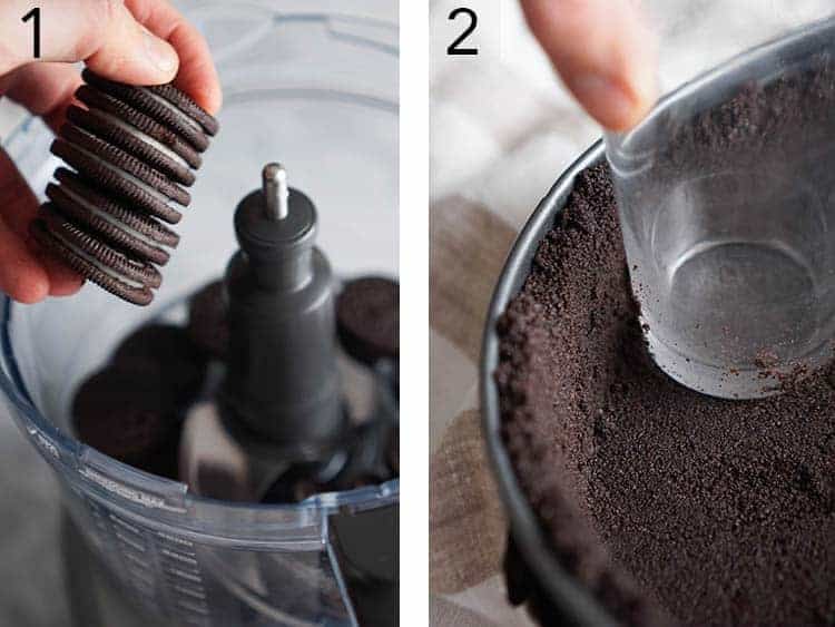 An oreo crust being made and pressed into a springform pan.