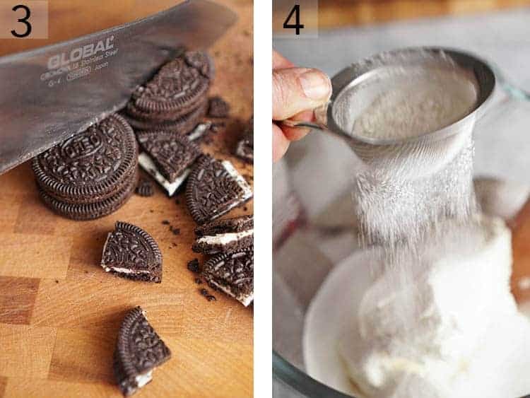 Oreos being chopped and flour getting sifted into a bowl.