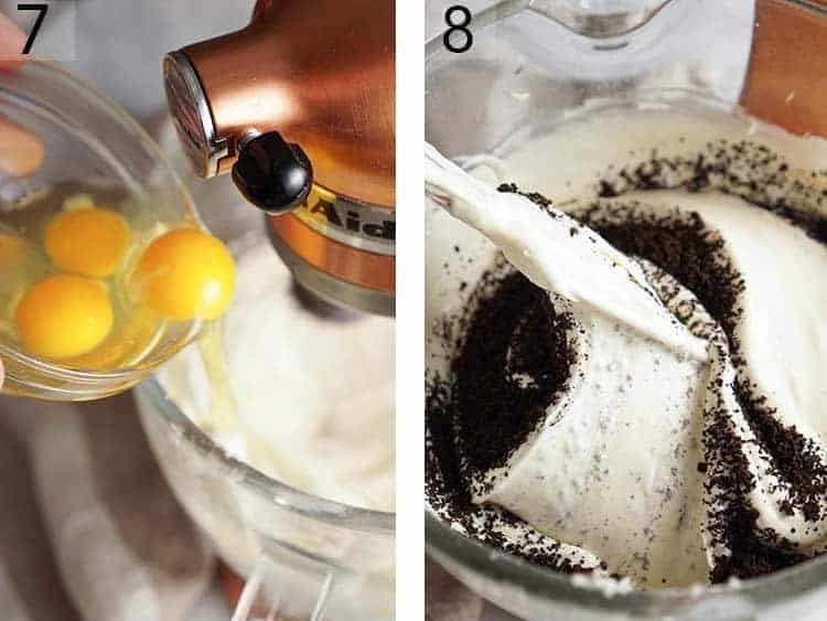 Eggs added to a mixer and crushed Oreos getting folded into cheesecake batter.