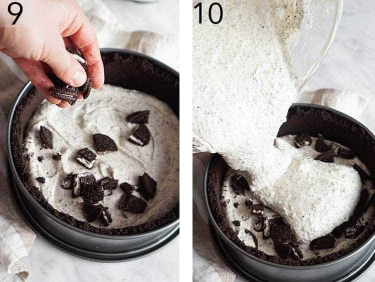Oreo Cheesecake batter getting layered in a springform pan with quartered Oreos.