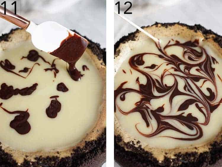 Chocolate getting swirled onto an Oreo Cheesecake batter.