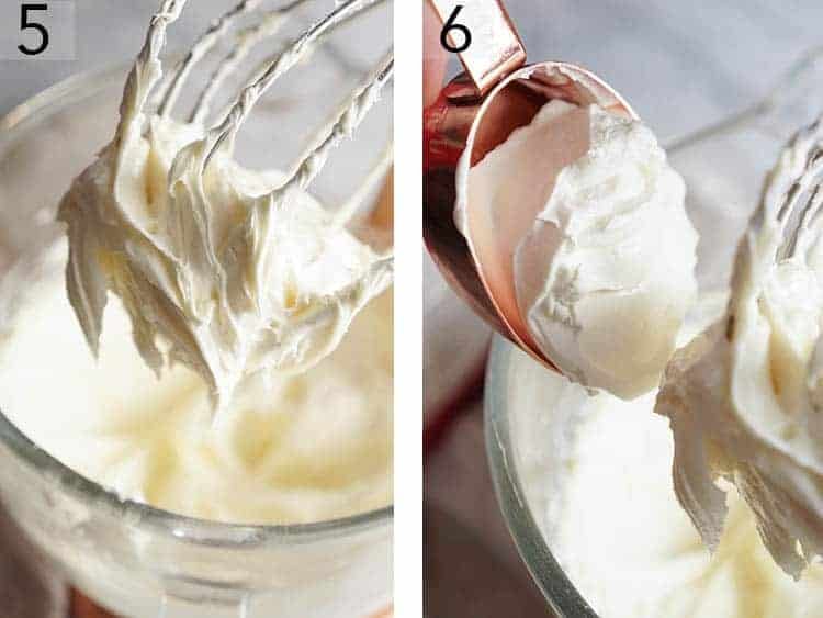 Sour cream being added to a stand mixer with cream cheese for an Oreo cheesecake.