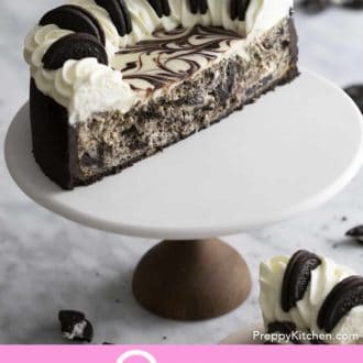 Pinterest graphic of half of an Oreo cheesecake on a cake stand.