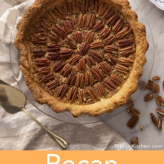 Pinterest graphic of an overhead view of a pecan pie.